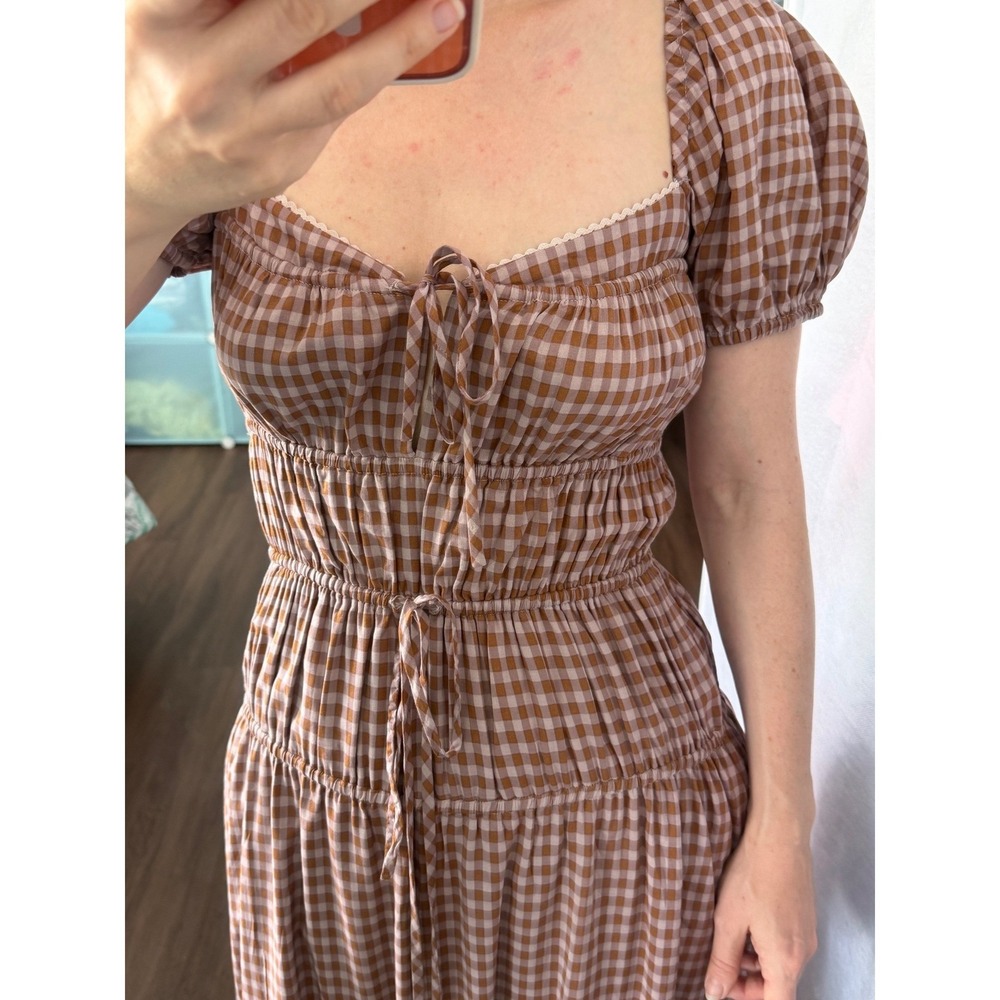 Reformation Lillet Dress Brown Gingham Check Puff Sleeve Smocked Maxi 2‎ NWT - Picture 2 of 7